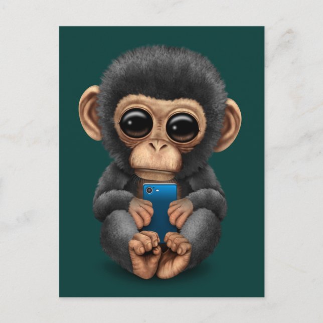 Carte Postale Chimpanzé bébé mignon tenant un téléphone cellulai (Devant)