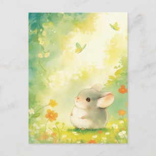 Carte Postale Chinchilla dans un jardin fleuri ensoleillé avec p