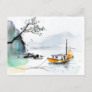 Carte Postale Chinois en junk naviguant dans des eaux tranquille