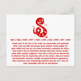 CARTE POSTALE CHINOIS ZODIAC PAPERCUT SNAKE ILLUSTRÉ CHEMISE