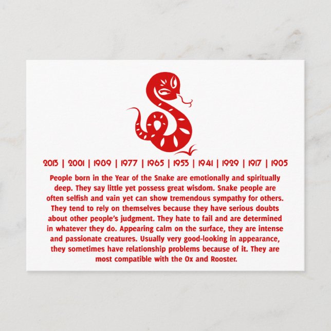 CARTE POSTALE CHINOIS ZODIAC PAPERCUT SNAKE ILLUSTRÉ CHEMISE (Devant)