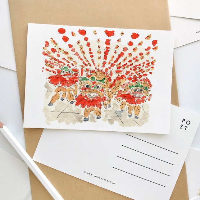 Carte postale chinoise Lion Dance Watercolor (Lion dance Chinese Lunar New Year watercolor postcard.)
