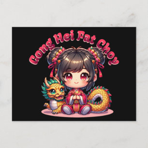 Carte Postale Chinoise Nouvel An Fille & Dragon