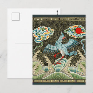 Carte Postale Chinoiserie Motif d'oiseau de grue dorée et de vag