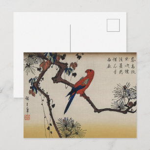 Carte Postale Chinoiserie Perroquet Rouge & Pin Zen en Gravure s