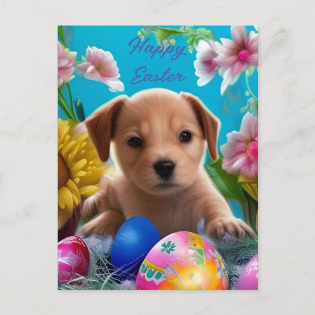 Carte Postale Chiot de Pâques adorable, fleurs et oeufs (Devant)