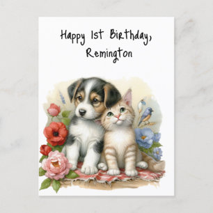 Carte Postale Chiot et chaton bébé premier anniversaire Personna