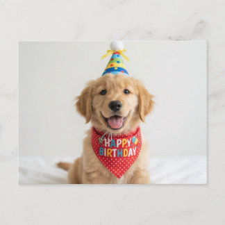 Carte Postale chiot golden retriever souhaitant un joyeux annive