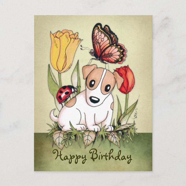 Carte Postale Chiot mignon avec papillon, coccinelle et tulipes (Devant)