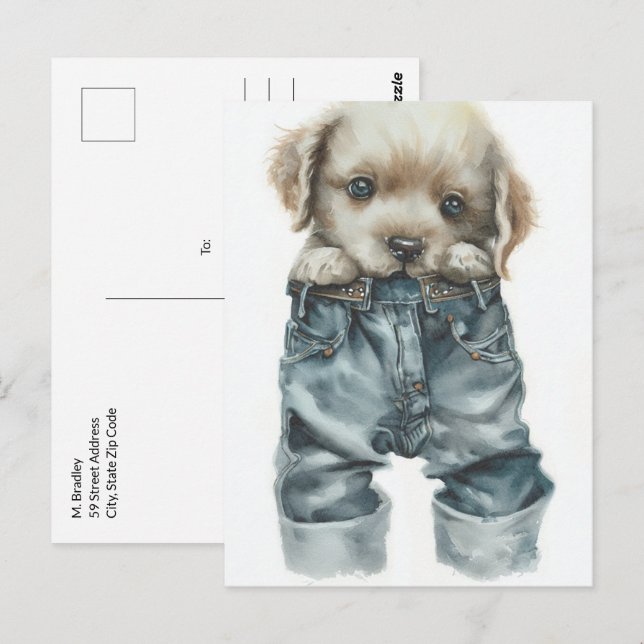 Carte Postale Chiot mignon en Jeans Art (Devant / Derrière)