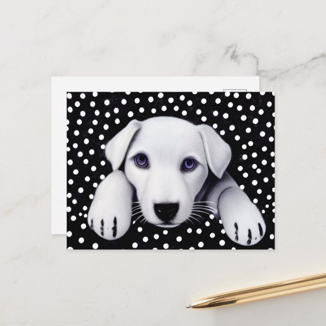 Carte Postale Chiot noir et blanc rétro et À petits pois (Devant/Arrière en situation)