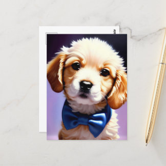 Carte Postale Chiot souple adorable avec jolie Cravate de Bow bl