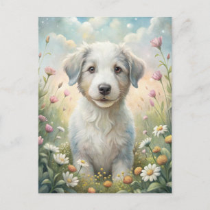 Carte Postale Chiots Blanc Pastel Fleurs Sauvages Marguerites So