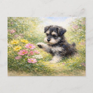 Carte Postale Chiots Schnauzer Fleurs de printemps