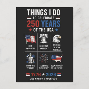 Carte Postale Choses que je célèbre 250 ans États-Unis 1776