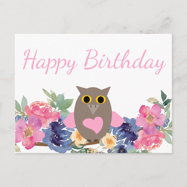 Carte Postale Chouette à cœur rose Fleurs Aquarelle Joyeux Anniv (Devant)