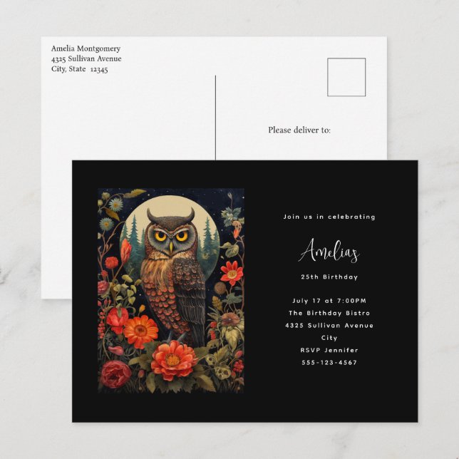 Carte Postale Chouette à la nuit avec une Pleine lune Anniversai (Devant / Derrière)