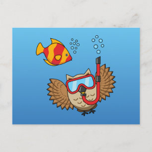 Carte Postale Chouette avec masque tuba et poisson tropical