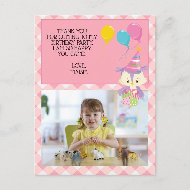 Carte Postale Chouette Balloon rose En vichy Anniversaire Photo  (Devant)