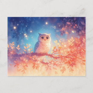 Carte Postale Chouette blanche fantaisiste dans une forêt d'auto