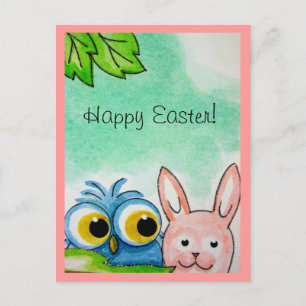Carte postale Chouette bleue et lapin de Pâques