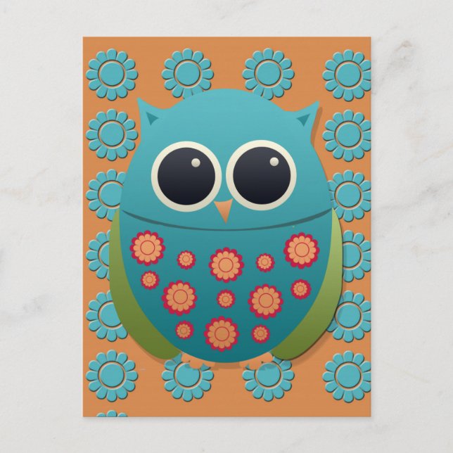 Carte Postale Chouette Bleue et Verte sur Fleurs Orange et Bleu (Devant)