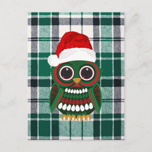 Carte Postale Chouette de Noël mignonne carreaux noirs et verts 