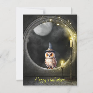Carte Postale Chouette d'Halloween dans la fenêtre tour ronde