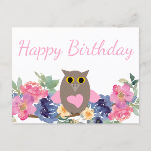 Carte Postale Chouette du coeur rose Aquarelle florale Joyeux an