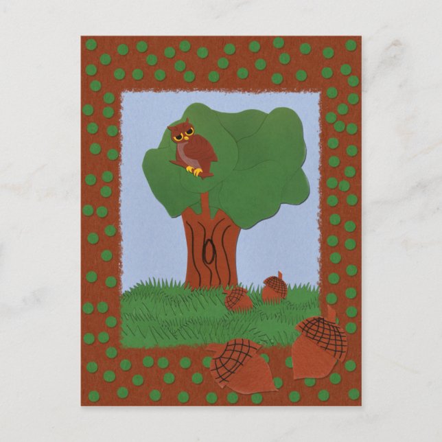 Carte Postale Chouette et chêne Art du dessin animé (Devant)