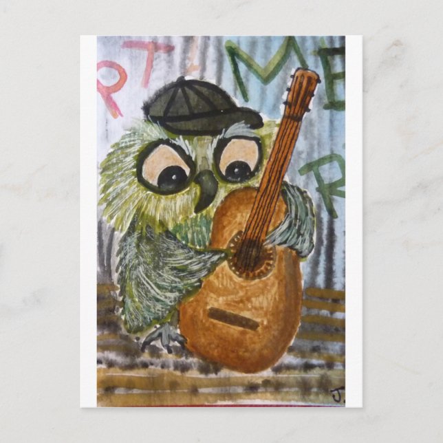 Carte Postale Chouette funky jouant de la guitare vieux mur d'aq (Devant)