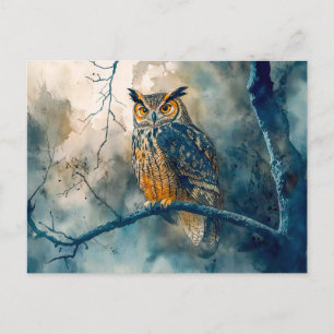 Carte Postale Chouette la nuit assise sur une branche aquarelle