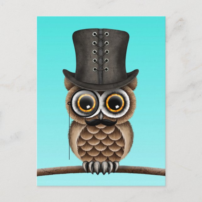 Carte Postale Chouette mignonne avec Monocle et chapeau bleu (Devant)