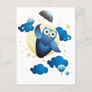 Carte Postale Chouette mignonne volant avec parapluie