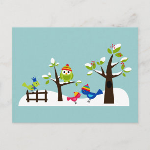 Carte Postale Chouette Oiseaux Neige Hiver Maillot Arbre Cartoon