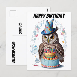 Carte Postale Chouette portant le casquette d'anniversaire debou