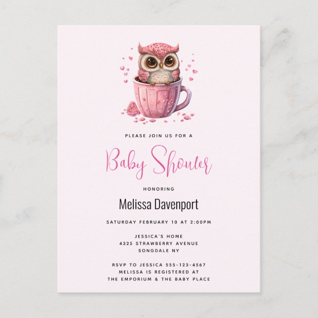 Carte Postale Chouette rose mignonne dans un Baby shower de coup (Devant)