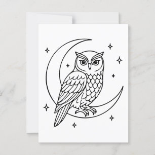 Carte Postale Chouette sur Crescent Moon avec Stars Line Art