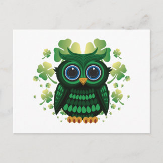 Carte Postale Chouette verte chanceuse fond blanc Saint-Patrick
