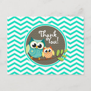 Carte Postale Chouettes mignonnes ; Aqua Green Chevron
