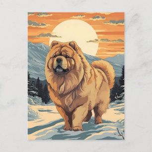 Carte Postale Chow Chow dans les montagnes enneigées au coucher 
