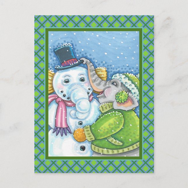 CARTE POSTALE CHRISTMAS ÉLÉPHANT CONSTRUCTION CUTE PACHYDERM SNO (Devant)