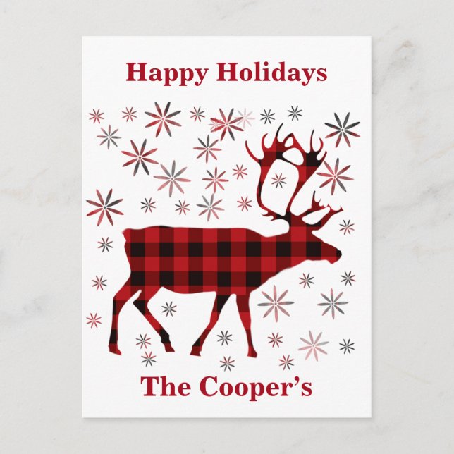 Carte Postale Christmas Moose, Deer, elk, caribou, red plaids (Devant)