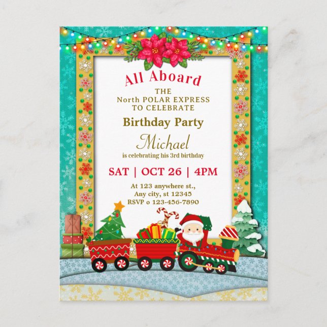 Carte Postale Christmas Train Birthday - All Aboard Kids Party (Devant)