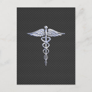 Carte Postale Chrome Caducée Symbole Médical Fibre de Carbone No