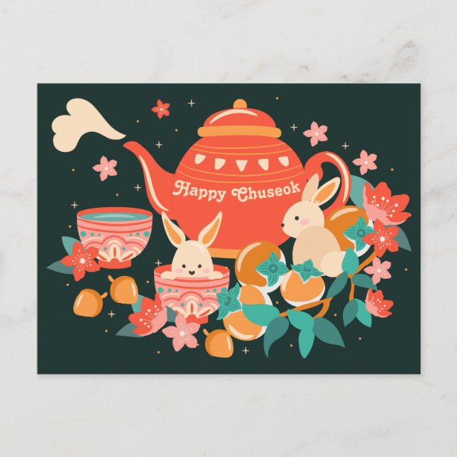 Carte Postale Chuseok Festival de la mi-automne théière et lapin (Devant)