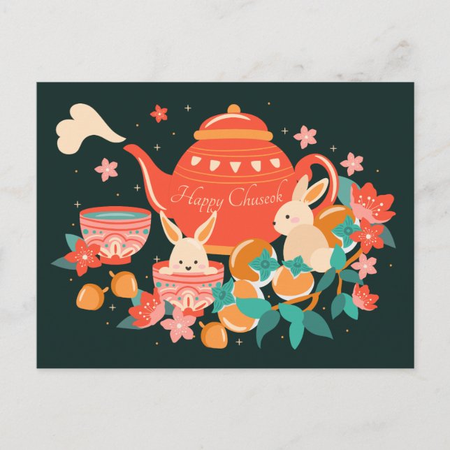Carte Postale Chuseok Festival de la mi-automne théière et lapin (Devant)