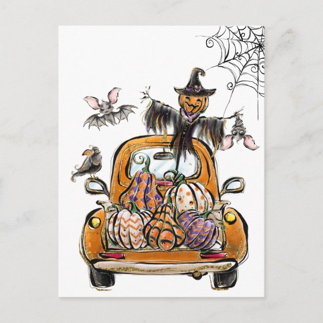 Carte Postale Chute Citrouille Patuck avec chauve-souris épouvan (Devant)