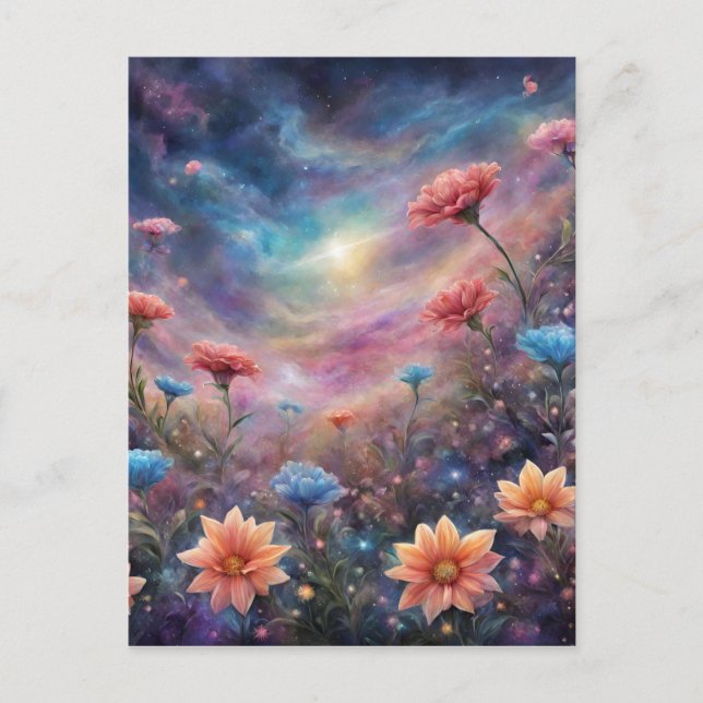 Carte Postale Ciel cosmique avec fleurs d'imaginaire (Devant)