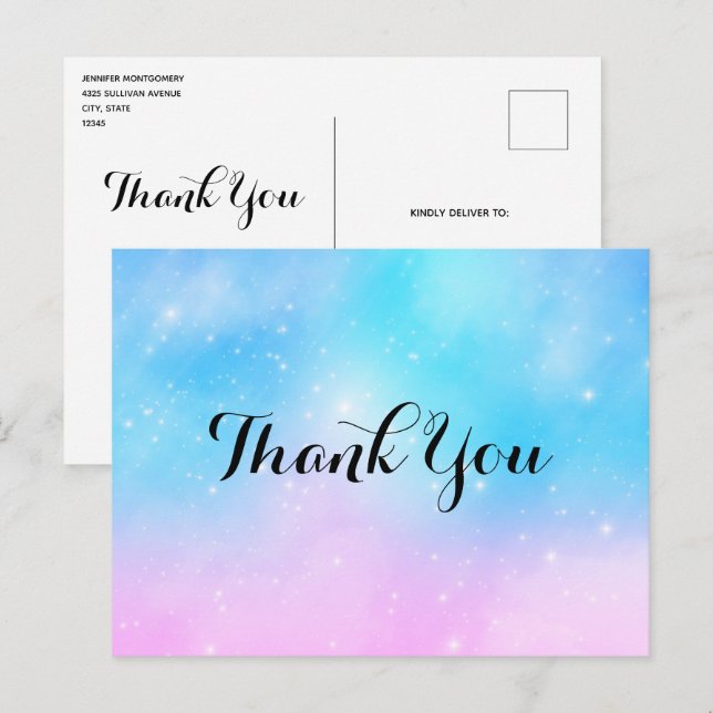Carte Postale Ciel dégradé pastel rose et bleu Merci (Devant / Derrière)